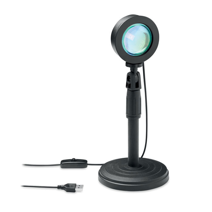 360 Degree rotation multi colour sunset projection lamp in ABS. 16 colours, flash, strobe and smooth mode. Including USB charging cable, stand and remote control.  - black - foto
