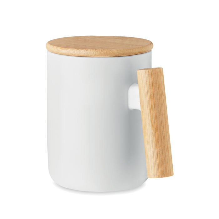 Porcelain mug with bamboo lid and handle. Capacity: 380 ml.  - white - foto