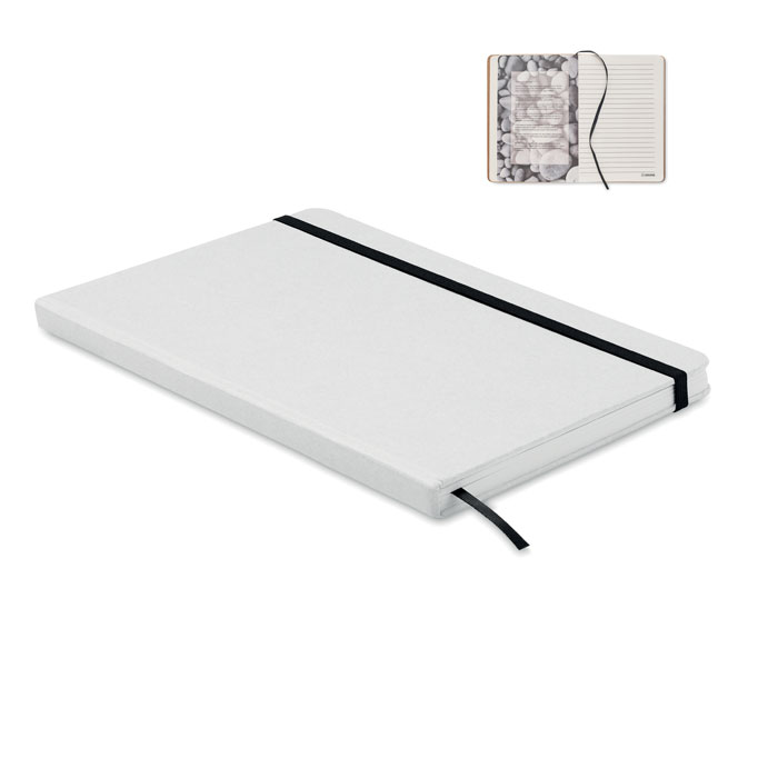 A5 notebook with hard recycled carton cover. Casebound. 160 stone paper lined pages (80 sheets). Elastic closure strap and ribbon page-marker.  - white - foto