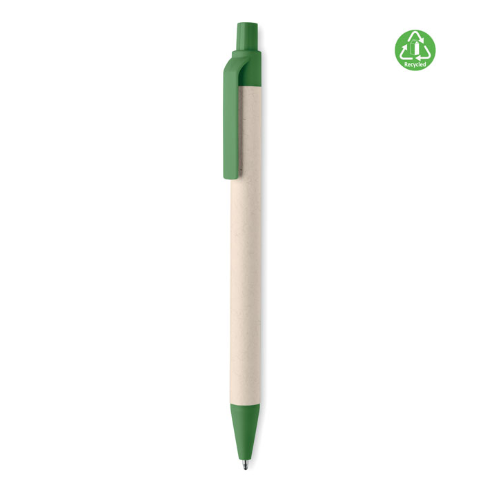Tlačítkové kuličkové pero s tělem ze směsi recyklovaných kartonů od mléka (70%) a recyklovaného papíru (30%) a doplňky z PLA (100% biologicky rozložitelná kukuřice). Modrý inkoust.  - zelená - foto