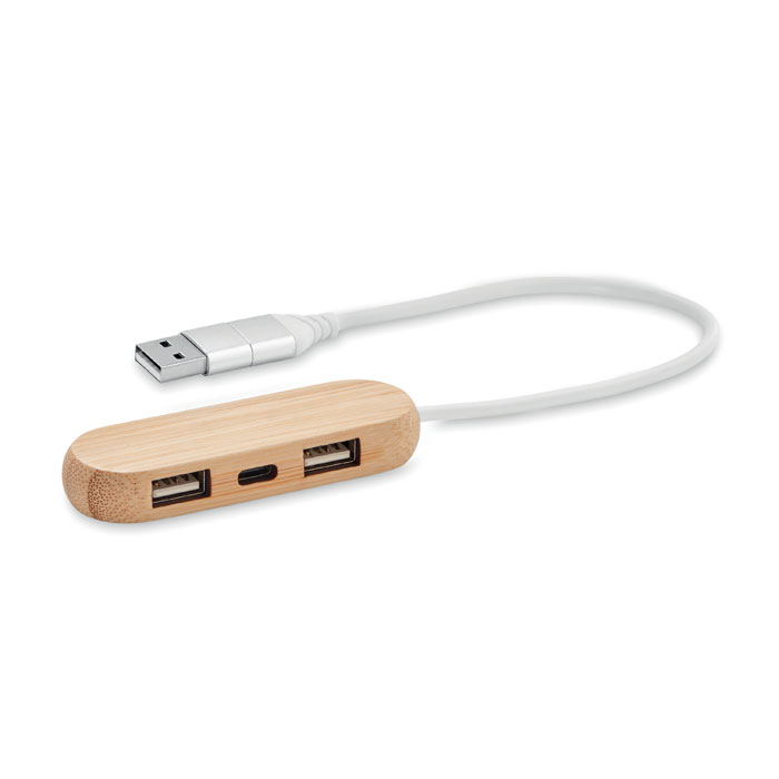 3 port USB hub with dual input - VINA C - wood