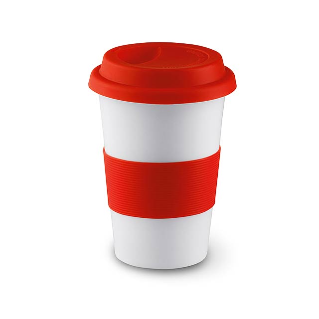 Ceramic mug w lid and sleeve - red