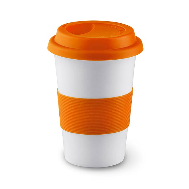 Ceramic mug w lid and sleeve - orange