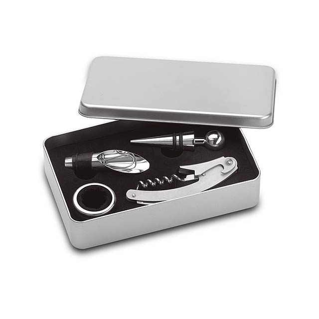 Wine accessories set in tinbox - matt silver