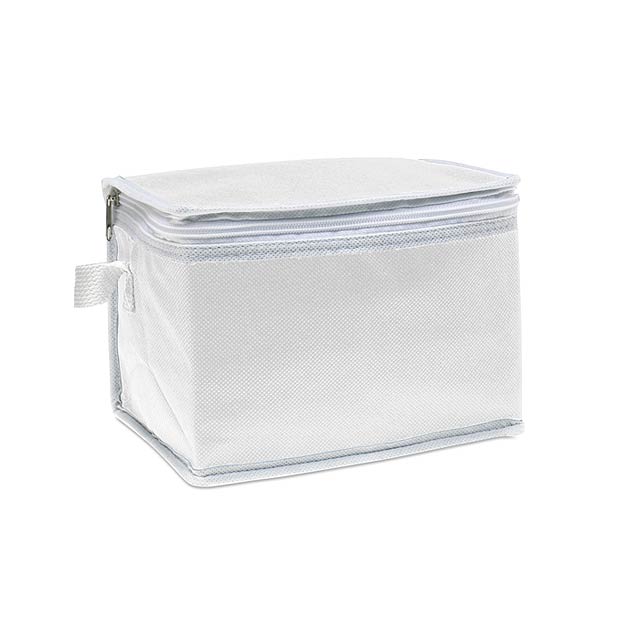 Chladící taška z hliníkové fólie na 6 plechovek. Zvenku z netkané textílie s bílými ozdobami. 80 g/m2. - biela