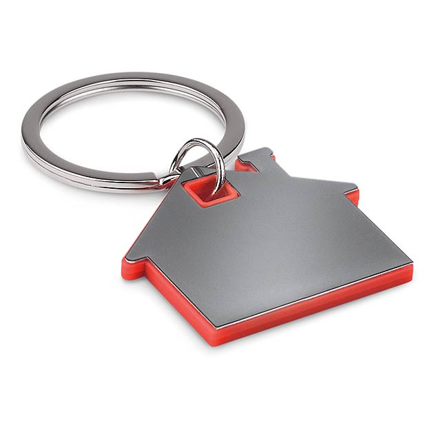 House shape plastic keyring - red