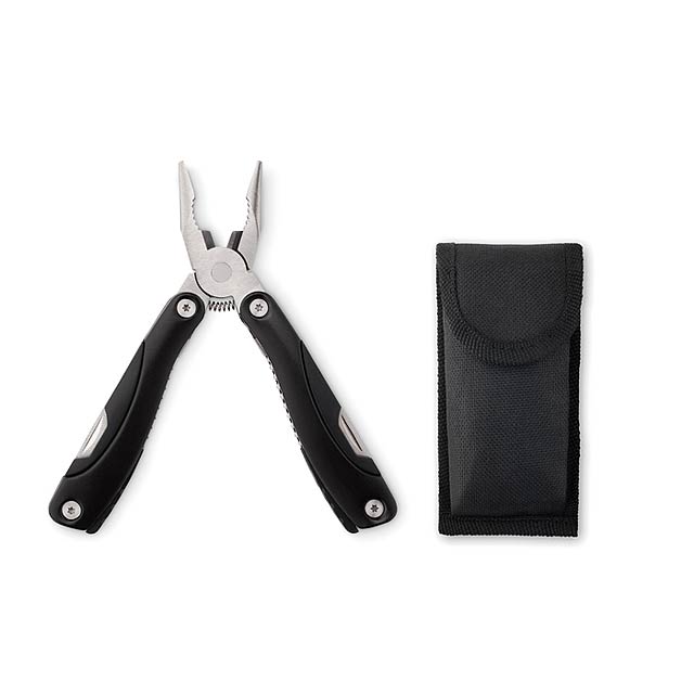 Skládací multifunkční nůž z nerezové oceli. 9 nástrojů. ABS plast a pouzdro z 600D polyesteru. - čierna