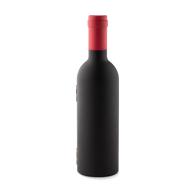 Sada na víno prezentovaná v obalu ve tvaru lahve. Součástí je zátka na víno, otvírák na víno a ubrousek na lahev. Zavírání na magnet. - čierna