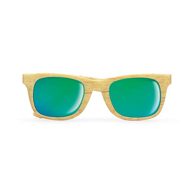 Klasické sluneční brýle s povrchem, který vypadá jako dřevo a zrcadlovými skly a UV400 ochranou. - drevo