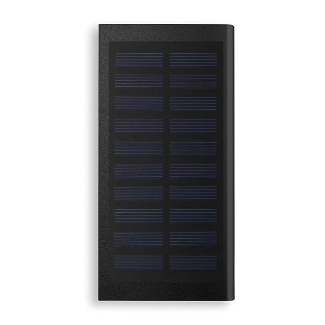Hliníková solární power banka 8000mAh, kapacita pro použití s chytrým telefonem, výstupní proud DC5V/1A. Indikační dioda a USB kabel s mikro USB konektorem. - čierna