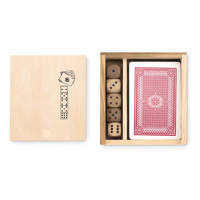 Playing set with 54 cards and 5 dices. Presented in wooden box.  - wood - foto