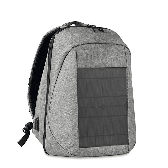 Dvoutónový 600D polyester batoh se zaudovaným solárním nabíjecím panelem s USB portem a kabelem. Doba nabíjení je přibližně 5-6 hodin na přímém slunci. 2 hlavní kapsy. Kapsa na 13