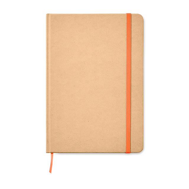 A5 zápisník s deskami z recyklovaného materiálu, 80 linkovaných stránek, barevná záložka a gumička  - oranžová - foto
