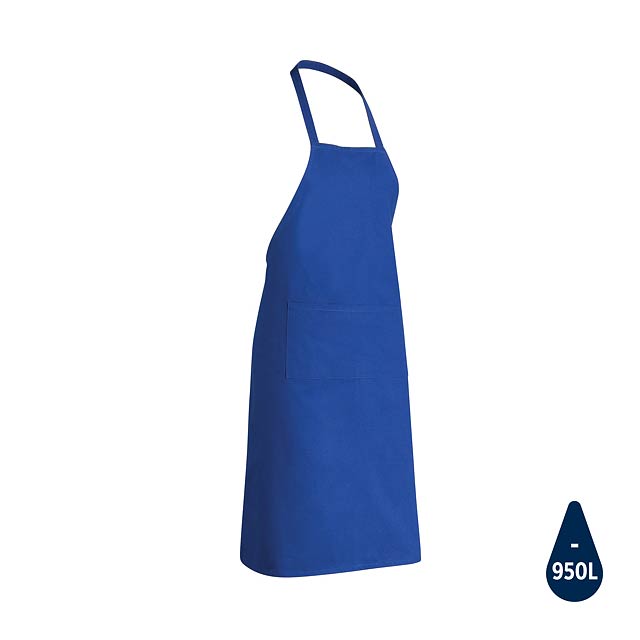 No greenwashing, but telling a true story about sustainability! This Impact 180grs recycled cotton apron is made with AWARE™ tracer. With AWARE™, the use of genuine recycled fabric materials (70% rcotton/30% rpet) and water reduction impact claims are guaranteed, by using the AWARE disruptive physical tracer and blockchain technology. Save water and use genuine recycled fabrics. With the focus on water 2% of proceeds of each Impact product sold will be donated to Water.org. Don't worry about messing up your clothes. This beautiful apron has straps on the waist that help you get your perfect fit every time, and the front pocket is perfect for holding spoons, or any other accessory you need close at hand while cooking. This apron has saved 950 liters of water. Water savings are based on figures when compared to conventional fiber. This calculated indication is based on reliable LCA data as published by Textile Exchange in their Material Snapshots 2016.  - blue - foto