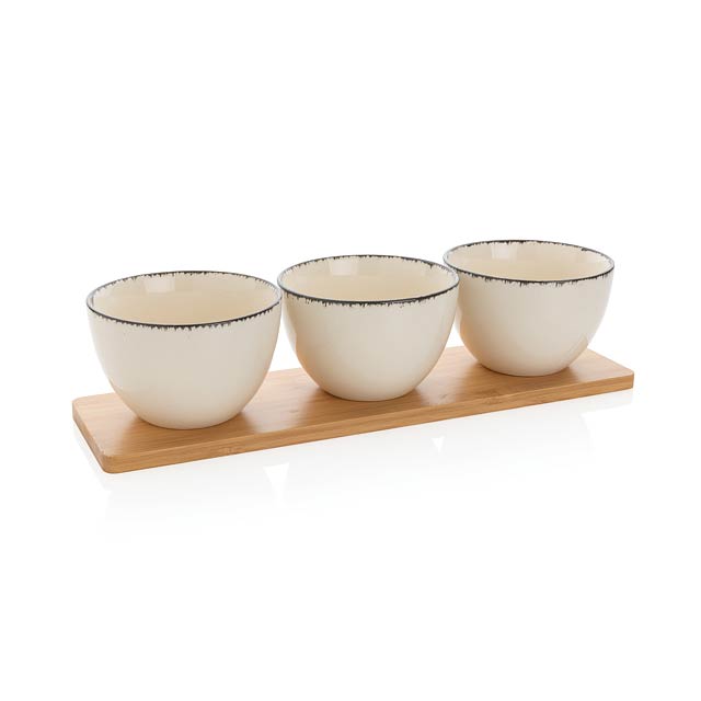 Ukiyo 3pc serving bowl set with bamboo tray, white - white