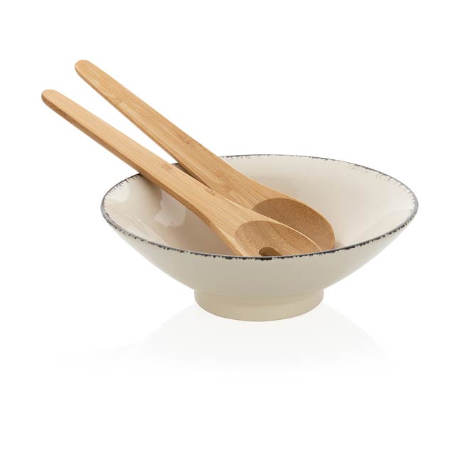Ukiyo salad bowl with bamboo salad server, white - white