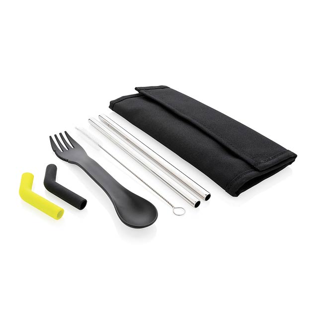 Tierra 2pcs straw and cutlery set in pouch, black - black