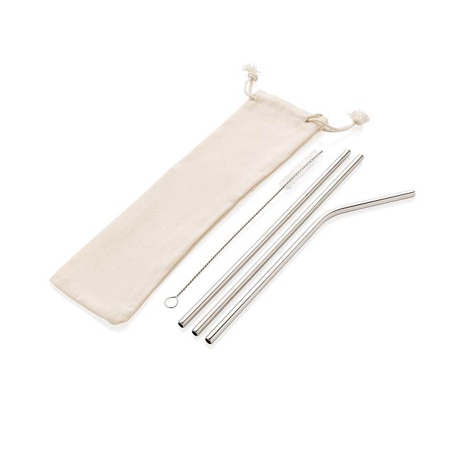Reusable stainless steel 3 pcs straw set, silver - silver