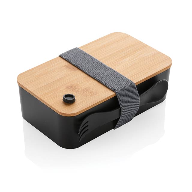 PP lunchbox with bamboo lid & spork, black - black
