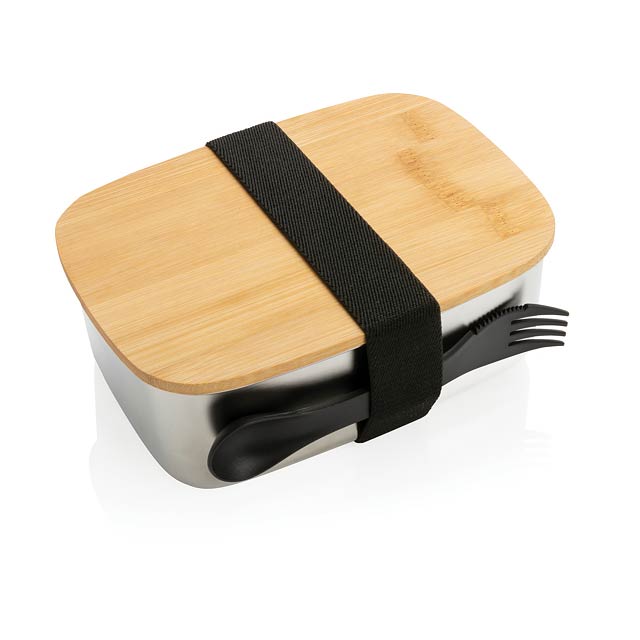 Nerezová krabička na jídlo s bambusovým víkem a příborem, st - stříbrná