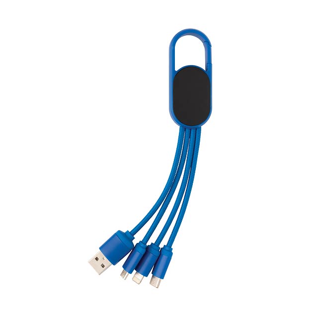 Praktický nabíjecí kabel 4 v 1 s karabinou vhodný pro nabíjení všech běžných mobilních zařízení. USB vstup na jedné straně, nabíjecí konektory na straně druhé: oboustranný konektor pro zařízení s iOS, micro USB, USB C. Vyrobeno z ABS, 10 cm dlouhé kabely potažené nylonem pro vyšší odolnost. Podporuje nabíjení 2,1A.  - modrá - foto