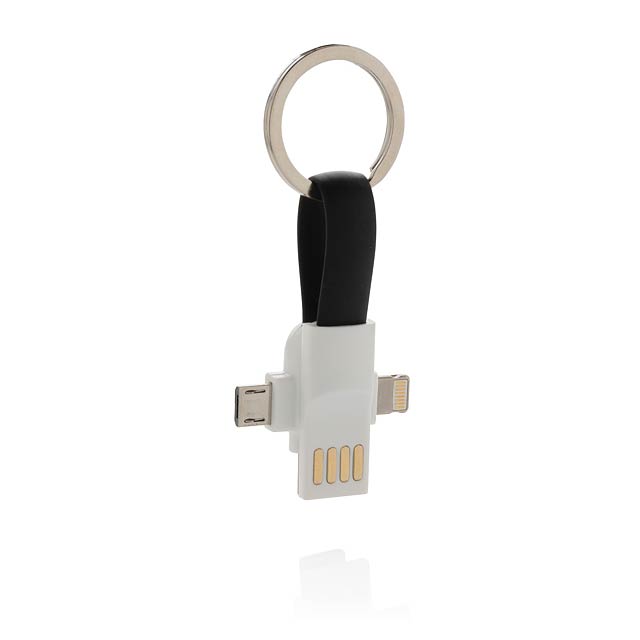 Klíčenka s kablíkem se 3 konektory: USB typu C a oboustranný konektor pro iOS a Android zařízení využívající micro USB. Vhodné jak pro nabíjení tak přenos dat. Konce mohou být magneticky spojeny pro snadné přenášení.  - černá - foto