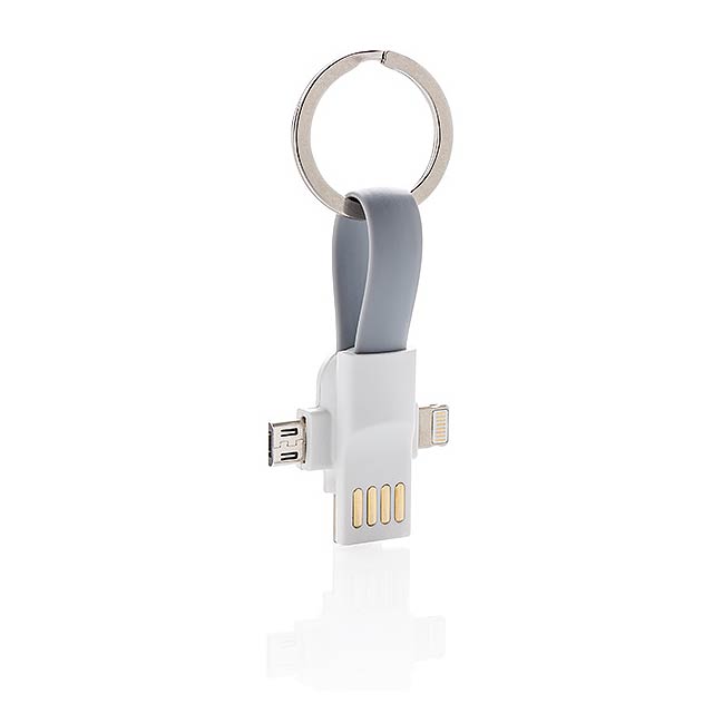 Klíčenka s kablíkem se 3 konektory: USB typu C a oboustranný konektor pro iOS a Android zařízení využívající micro USB. Vhodné jak pro nabíjení tak přenos dat. Konce mohou být magneticky spojeny pro snadné přenášení.  - biela - foto