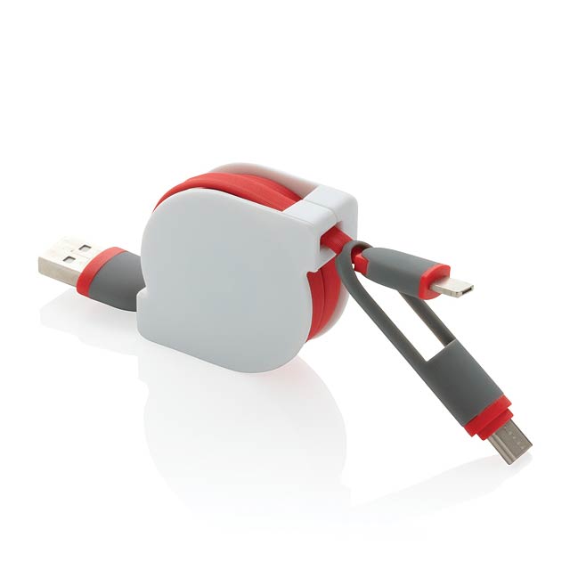 Kompaktní nabíjecí kabel 3 v 1 obsahující konektory USB typu C a dvojitý konektor pro zařízení s iOS nebo Android využívající micro USB. Díky svinovacímu mechanizmu je 1m dlouhý kabel skladný a vhodný na cesty. Pouzdro z ABS, bužírka kabelu z TPU. Pro nabíjení i synchronizaci dat.  - červená - foto
