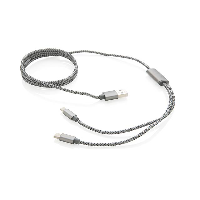Luxusní opletený kabel 3 v 1 s konektory USB typu C a dvojitým pro zařízení s iOS nebo Android využívající micro USB. Odolné hliníkové konektory a nylonový oplet. Vhodné pouze pro nabíjení. Délka: 120cm.  - šedá - foto