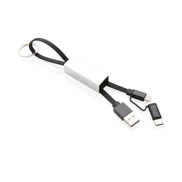 Moderní kabel 3 v 1 s konektory USB typu C a dvojitým pro zařízení s iOS nebo Android využívající micro USB. Odolné kovové tělo s konektory z hliníku, bužírka kabelu z TPU. S klíčenkou. Pro nabíjení i synchronizaci dat. Délka: 15cm.  - černá - foto