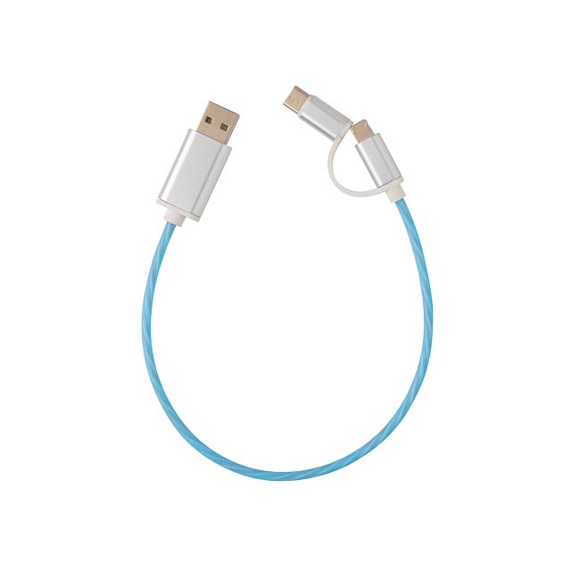 Moderní nabíjecí kabel 3 v 1 s efektem protékajícího světla při používání. S konektory USB C a oboustranným konektorem pro zařízení s iOS nebo Android vyžadující micro USB. Kabel vyrobený z TPE a konektory z odolného hliníku. Vhodné pouze pro nabíjení. Délka 30cm.  - modrá - foto