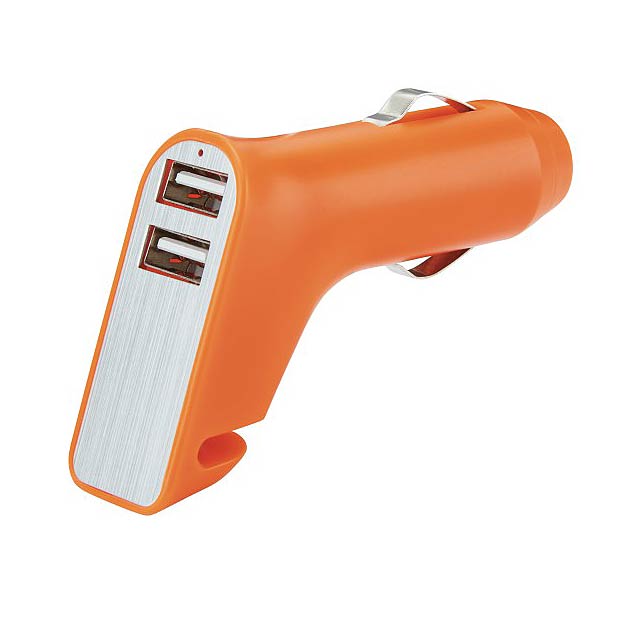 Dual port car charger with belt cutter and hammer, orange/si - orange