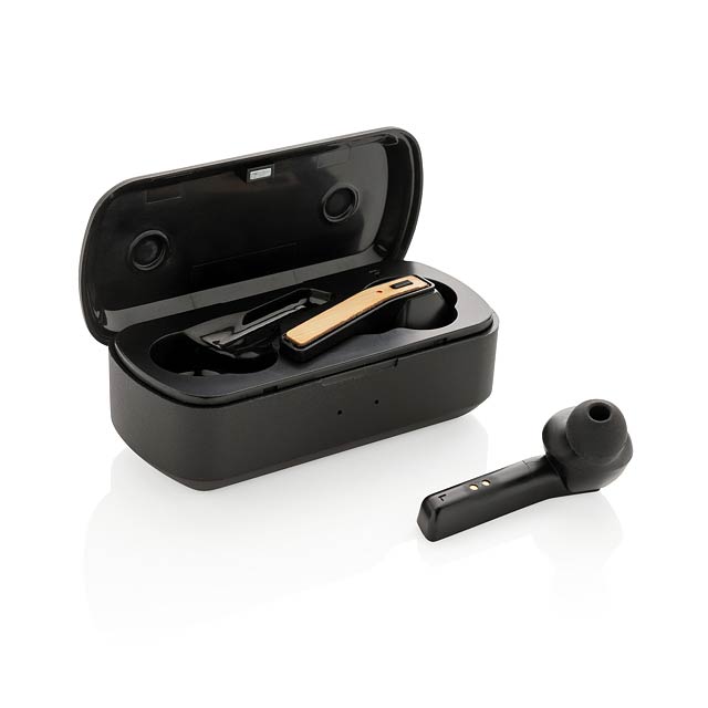 Bambusová bezdrátová sluchátka v nabíjecí krabičce Free Flow - čierna