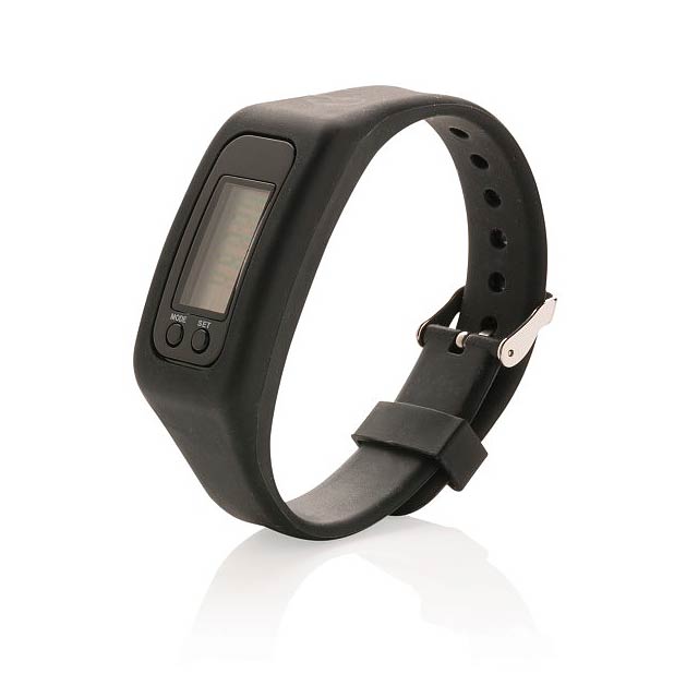 Pedometer bracelet with ABS pedometer unit and acrylic screen. The armband is made out of comfortable silicone material. The bracelet is adjustable to fit various wrist sizes and therefore suitable for all users. The bracelet counts steps, calories burned and distance travelled.  Includes batteries for immediate use. Battery life on normal usage about 1 year.  - black - foto