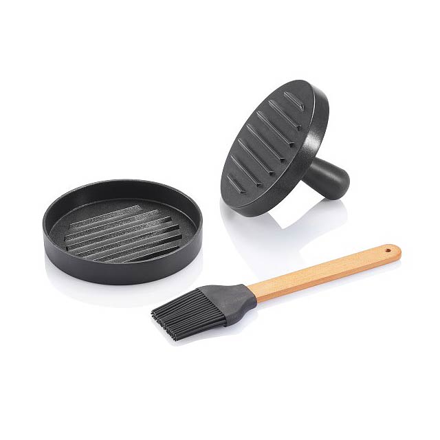 BBQ set with hamburger press and brush, grey - black