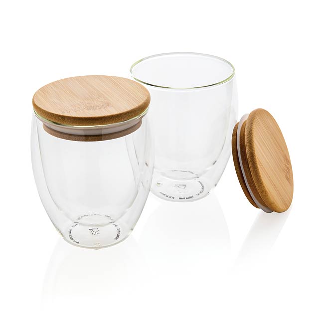 Double wall borosilicate glass with bamboo lid 250ml 2pc set - transparent