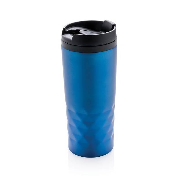Fashionable stainless steel tumbler with geometric details. Inner body is made out of plastic. Leakproof and handwash only. Content 300ml.  - blue - foto