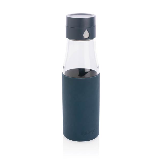 Ukiyo glass hydration tracking bottle with sleeve, blue - blue