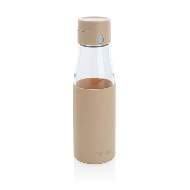 Ukiyo glass hydration tracking bottle with sleeve, brown - brown
