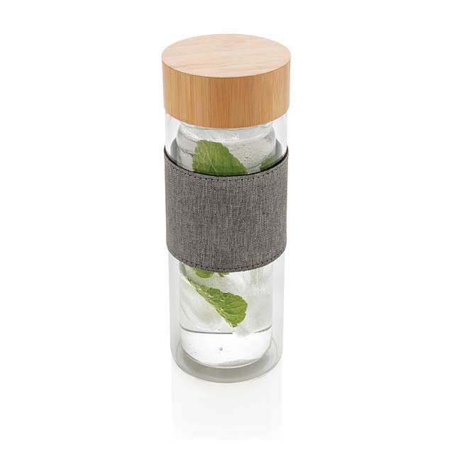 Dvoustěnná skleněná láhev s bambusovým uzávěrem Impact, průh - transparentná