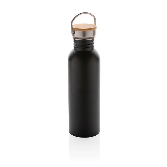 Moderní nerezová lahev s bambusovým uzávěrem, černá - čierna