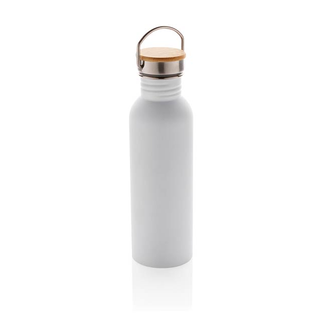 Modern stainless steel bottle with bamboo lid, white - white