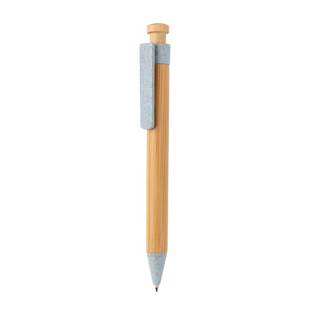 Bambusové pero s klipem z pšeničné slámy, modrá - modrá