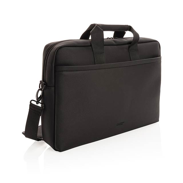 Take your commuting style up a notch with this structured bag made with soft vegan leather in a clean and sleek style with tonal zippers. The laptop bag features a top zip closure, top carrying handle, adjustable shoulder strap with shoulder pad, zipper external front pocket, interior open pocket, luggage strap and a 15.6 inch laptop pocket with Velcro closure. Exterior 100% PU, interior 100% 210D polyester. PVC free.  - black - foto