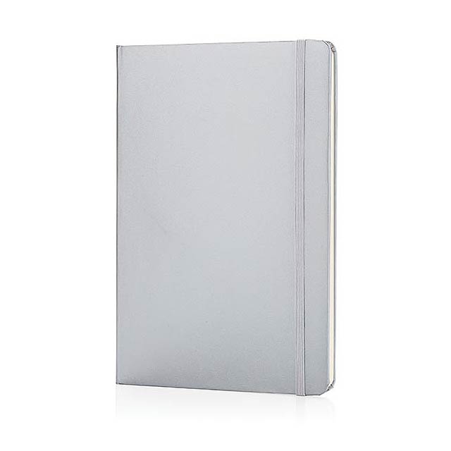 Ruled A5 hardcover standard notebook with elastic closure and bookmark ribbon. 144 pages of 70g/m2 inside. Cream coloured pages.  - silver - foto