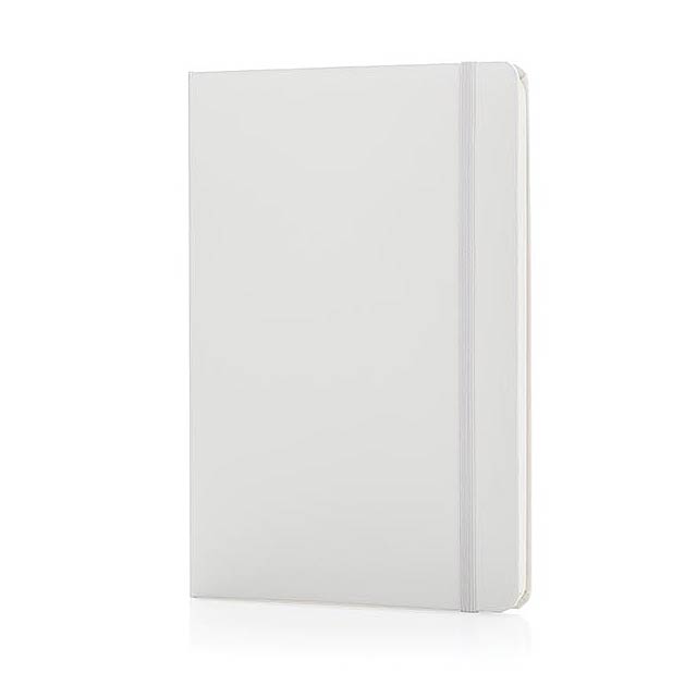Ruled A5 hardcover standard notebook with elastic closure and bookmark ribbon. 144 pages of 70g/m2 inside. Cream coloured pages.  - white - foto