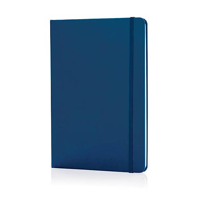 Ruled A5 hardcover standard notebook with elastic closure and bookmark ribbon. 144 pages of 70g/m2 inside. Cream coloured pages.  - blue - foto
