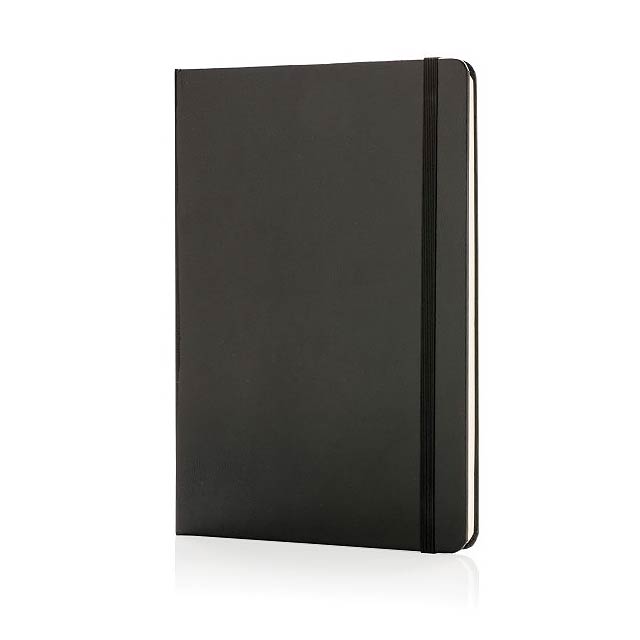 Plain A5 hardcover standard notebook with elastic closure and bookmark ribbon. 144 pages of 70g/m2 inside. Cream coloured pages. Perfect for sketches, thoughts and passing notes.  - black - foto