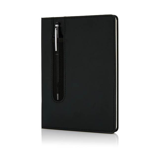 Standard hardcover PU A5 notebook with stylus pen, black - black