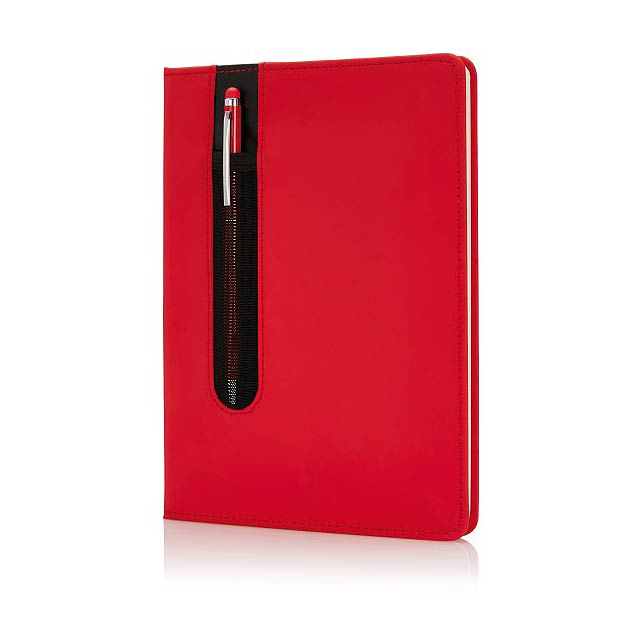Standard hardcover PU A5 notebook with stylus pen, red - red